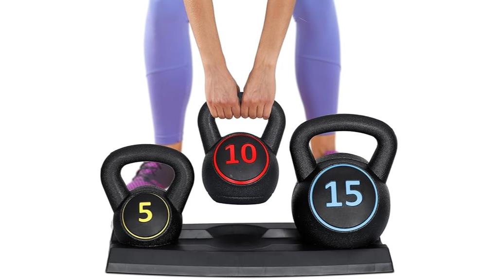 three kettlebells with rack